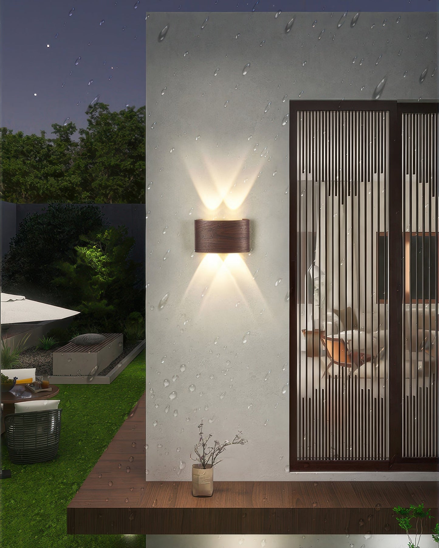 WoodGlow Vägglampa – Väderbeständig Utomhuslampa med Träeffekt och Mjuk LED-belysning